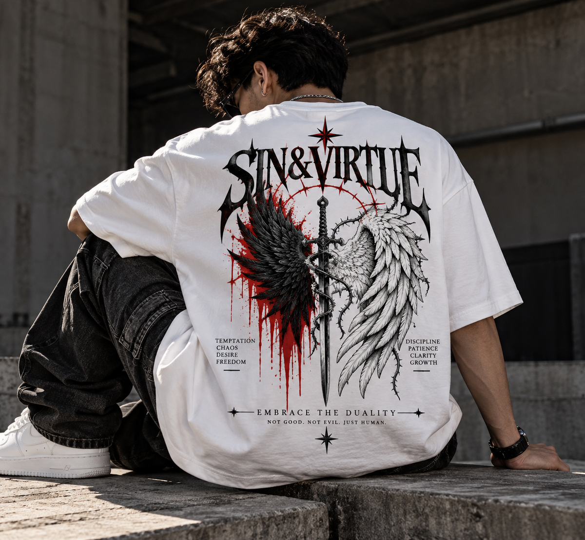 Sin & Virtue Embrace The Duality Oversized T-Shirt – White